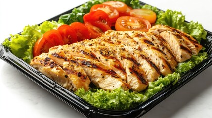 Grilled Chicken Salad with Vegetables Freshly Prepared Chicken Caesar Salad on a Black Plate with Tomatoes and Leafy Greens
