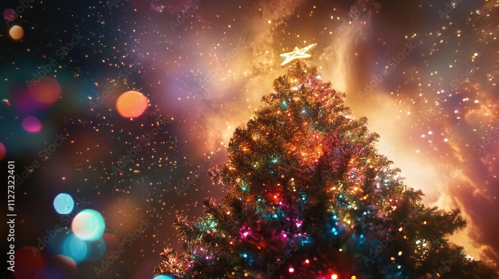 Poster decorated christmas tree with bright lights and a magical bokeh background creating a festive and en
