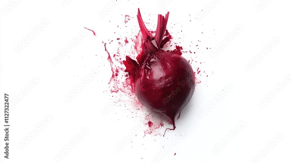 Poster Fresh beetroot bursting with juice against a clean white background showcasing its vibrant color and texture for culinary or health-related themes