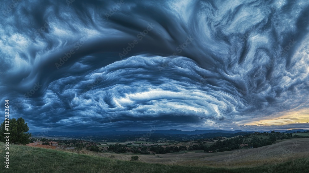 Poster dramatic asperitas clouds swirling ominously in the sky before an impending thunderstorm over a scen