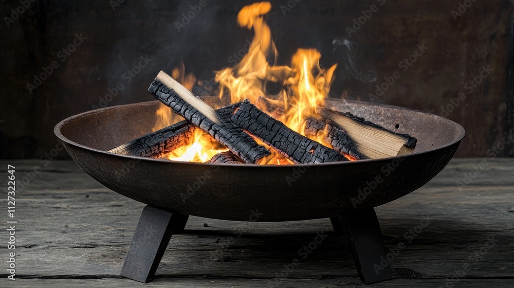 Poster rustic fire pit with burning firewood creating a warm and inviting atmosphere for outdoor gatherings
