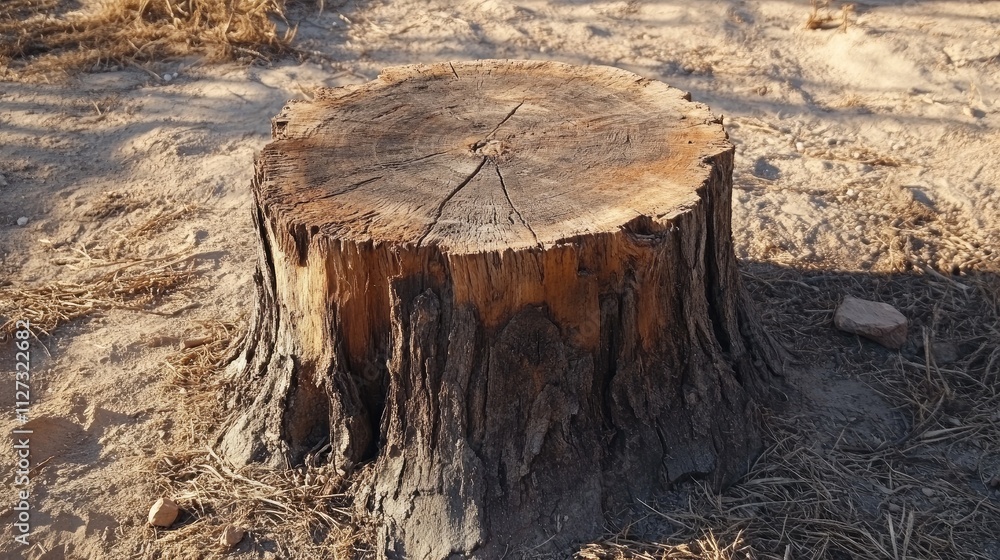 Aufkleber closeup view of weathered tree stump surrounded by dry soil and grass in a natural setting