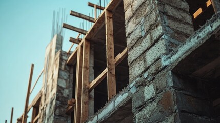 Fototapeta premium Construction close-up showcasing stone building framework with wooden formwork and steel reinforcements against a clear sky.