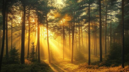 Majestic evergreen forest illuminated by sun rays through morning fog creating a dreamlike atmospheric summer landscape