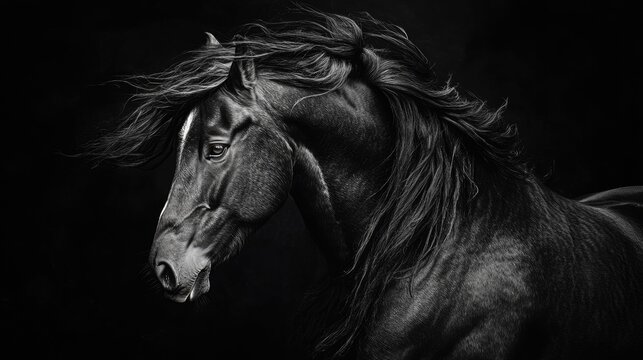 Elegant black stallion portrait with flowing mane against a dark background showcasing strength and grace in equine beauty.