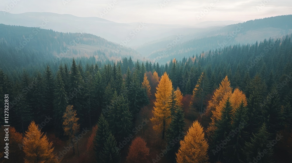 Poster Aerial view of a vibrant autumn forest with rolling hills and a mix of green and golden trees under a hazy sky.