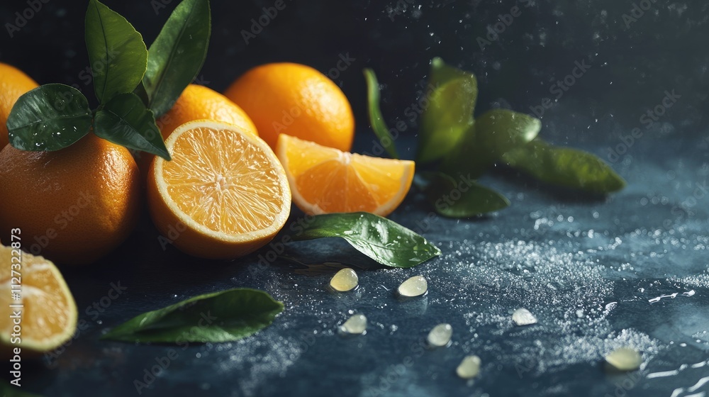 Poster vibrant citrus backdrop featuring fresh oranges and leaves creating a refreshing and lively atmosphe