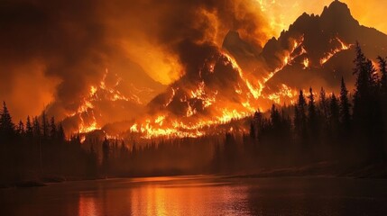 Fototapeta premium Dramatic Forest Fire Incident on Mountains near Pemberton British Columbia during Summer with Fiery Skies and Reflective Water Surface