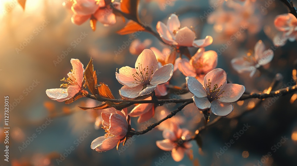 Aufkleber delicate blooming pear tree branch with soft pink flowers illuminated by warm sunlight in a serene n
