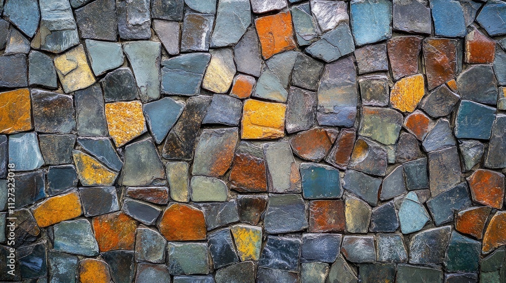 Poster Colorful stone mosaic texture for use as background or overlay in design projects showcasing natural materials and architectural elements.