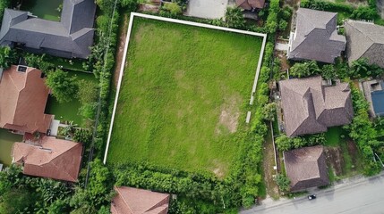 Aerial view of vacant land plot surrounded by residential properties for real estate investment and development opportunities
