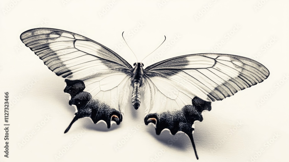 Poster elegant butterfly perched delicately on a smooth white background showcasing intricate wing patterns