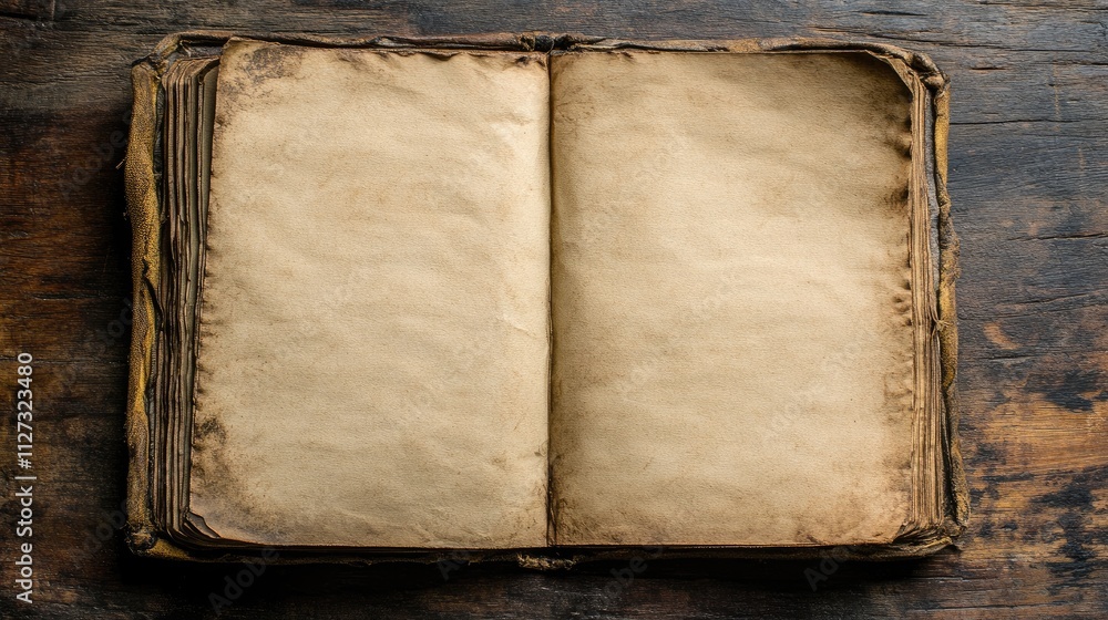 Aufkleber vintage open notepad on rustic wooden surface for customer service creativity with empty pages ready