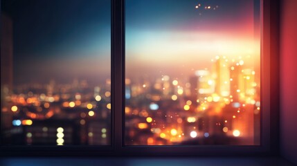 Blurred urban skyline at night viewed through a window with glowing city lights, embodying futuristic technology and modern design concepts.