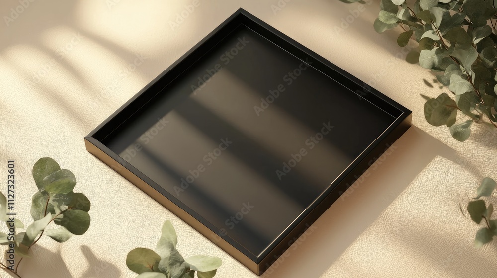 Poster black square frame mockup with eucalyptus leaves on a beige surface showcasing minimalist decor and 