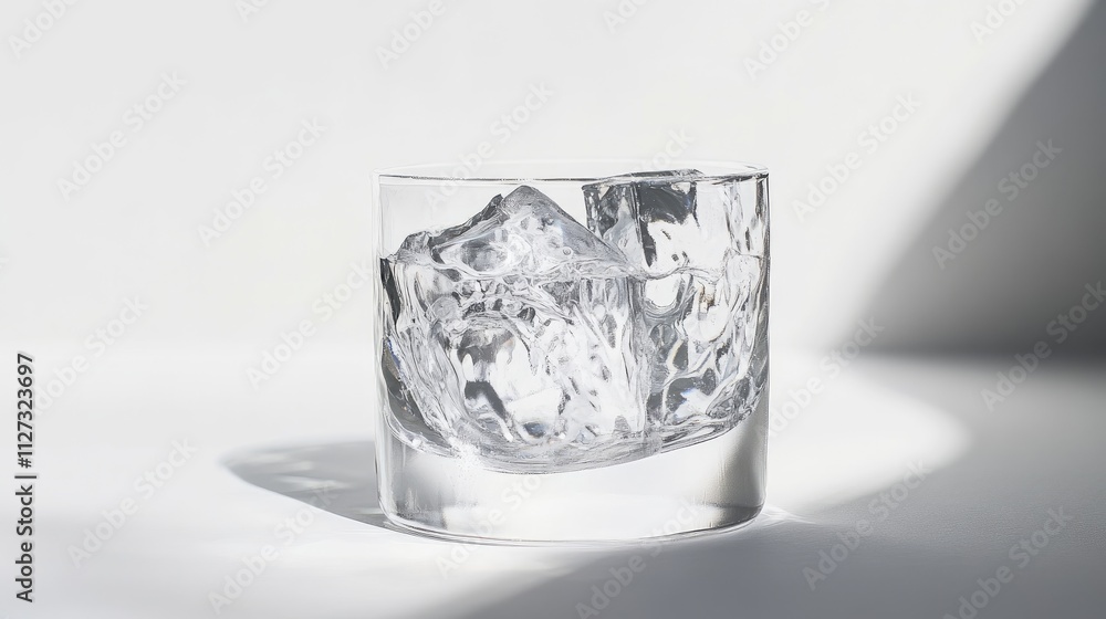 Poster glass of clear ice cubes on a bright surface with soft shadows highlighting the texture and clarity 