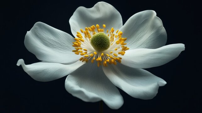 Elegant close-up of a white flower showcasing delicate petals and vibrant yellow stamens against a dark background highlighting its beauty.
