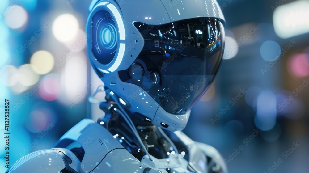 Poster white humanoid robot with glowing visor processing big data while observing colorful city lights at 