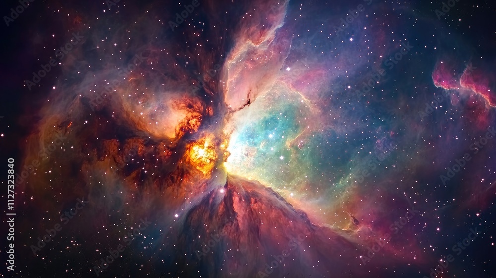 Poster vibrant nebula in deep space capturing stellar formation and cosmic dust with a colorful astronomica