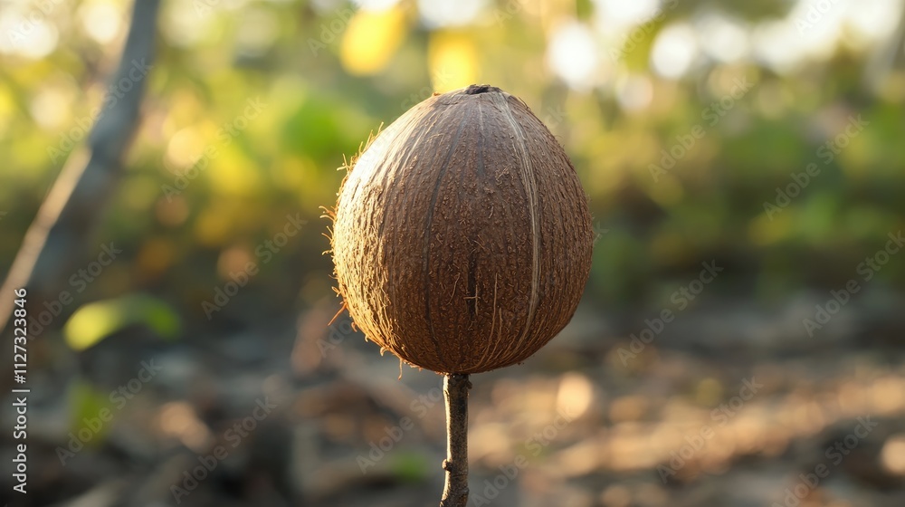 Poster Coconut shell on a stick with natural background showcasing unique perspective and soft lighting in a serene outdoor setting