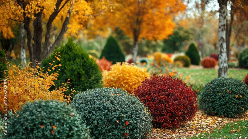 Poster colorful autumn garden landscape featuring sheared bushes and vibrant trees in a serene park setting