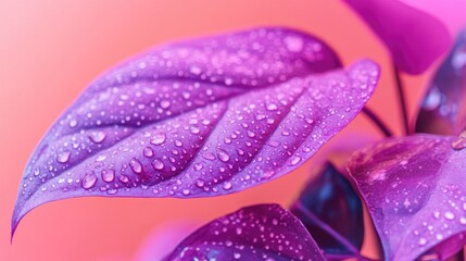 Close up of purple houseplant leaf with water drops against a soft colorful background showcasing nature's beauty and hydration effects.