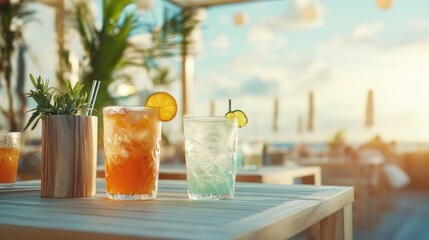 Beachside tables with refreshing cocktails at a luxury hotel during summer sunset ideal for travel and holiday promotions