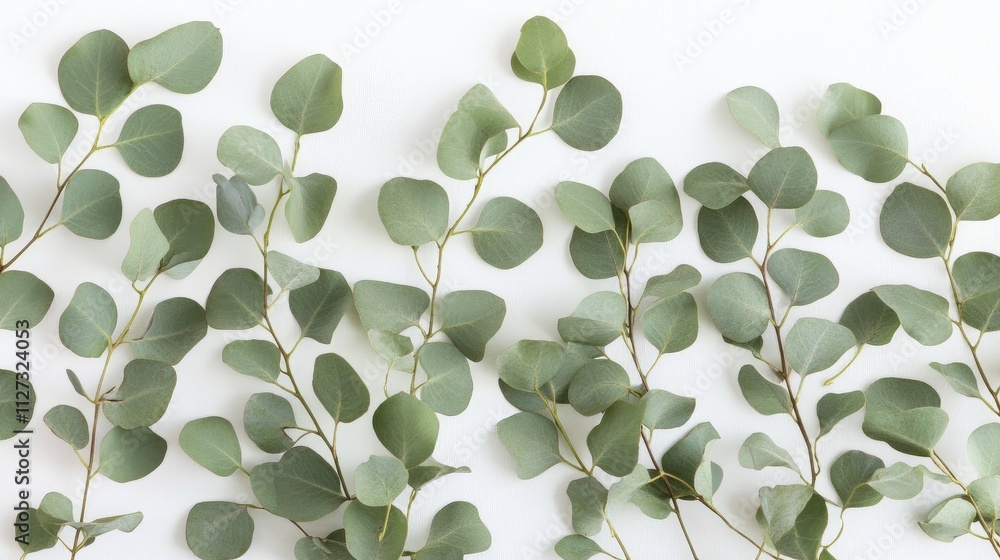Poster elevated view of fresh eucalyptus leaves and branches arranged on a white background with ample copy