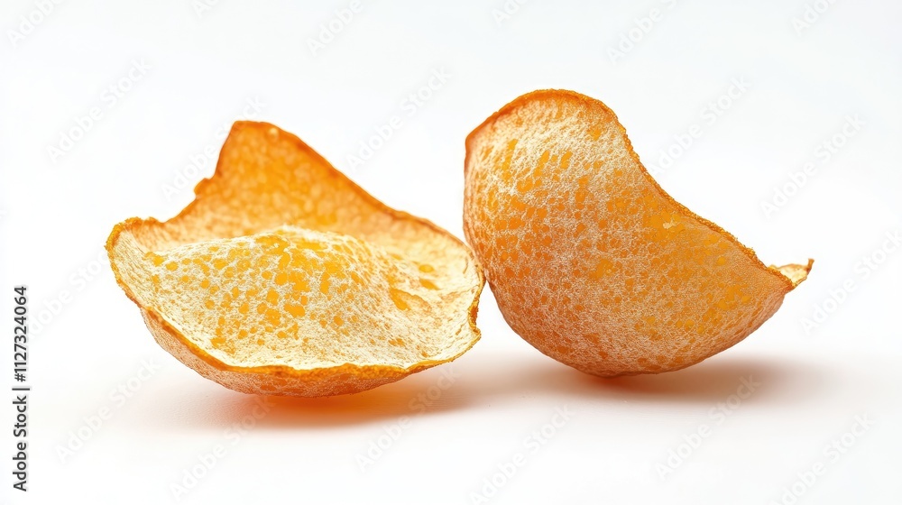 Poster isolated orange peel pieces on a clean white background showcasing texture and color contrast in a m