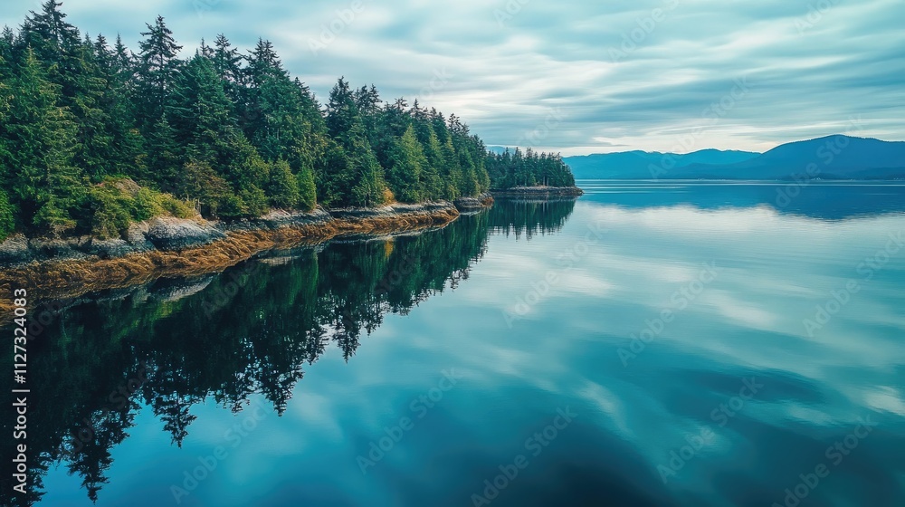 Aufkleber aerial view of tranquil rippling water reflecting trees along a serene shoreline under a cloudy sky