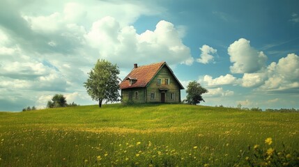 Obraz premium Tranquil countryside house surrounded by lush green fields and vibrant wildflowers under a blue sky with fluffy clouds.