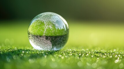 Sustainable business concept with crystal globe reflecting nature highlighting environmental social and governance themes on a green background