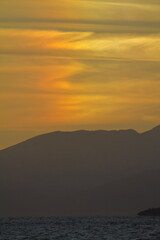 Blurry background of red sunset sky. Dramatic sky with colorful cloud background. Red burning sunset sky. Copy space.