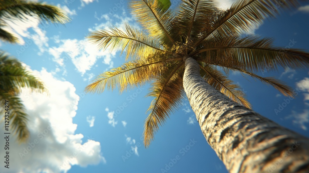 Poster coconut tree viewed from below with vibrant green leaves against a clear blue sky and soft white clo