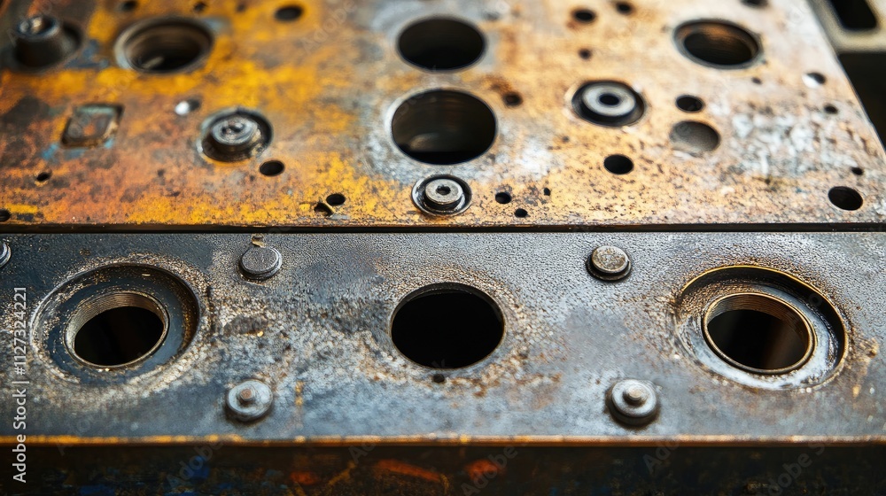 Poster close-up of a cnc punching machine showing detailed metal surfaces and intricate hole patterns in a 