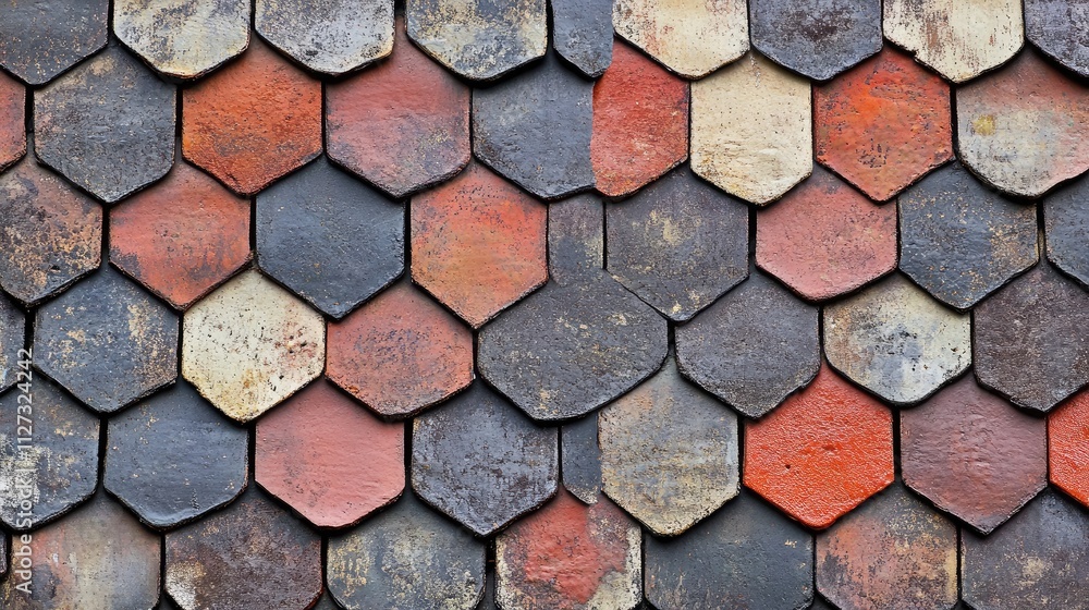 Poster Bitumen shingles in a hexagonal pattern showcasing a blend of dark and warm colors for residential roofing design.