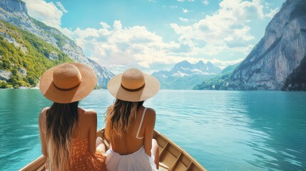 Women wear casual boho hats and clothes. Sit in a boat on the lake with a spectacular mountain and river view. travel concept