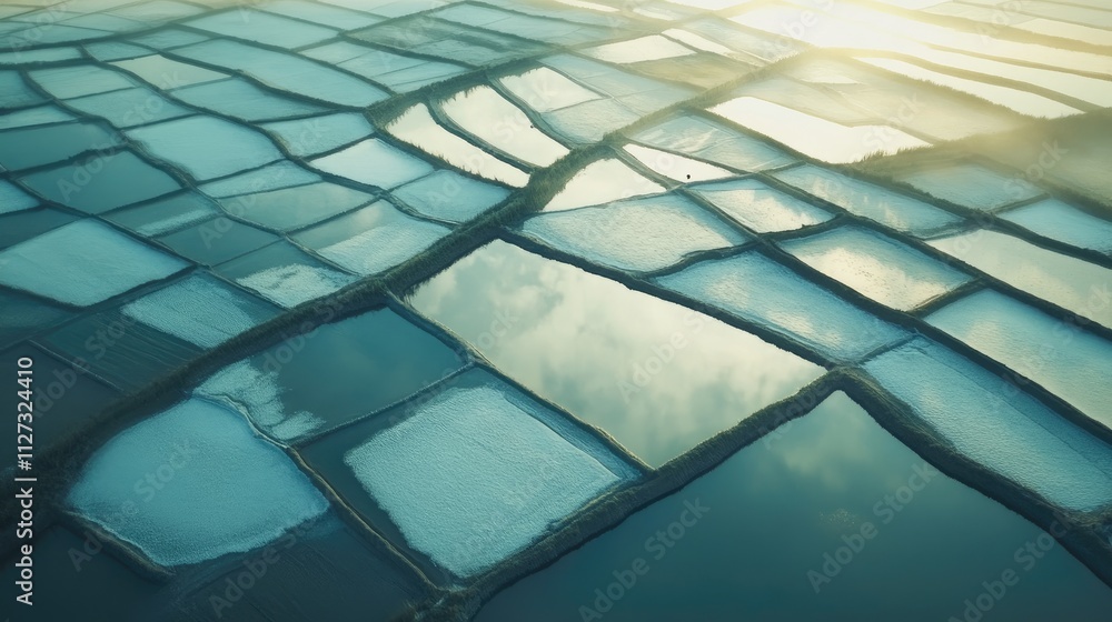 Poster Aerial view of serene salt farm showcasing tranquil water reflections and geometric patterns in the fields under soft light.