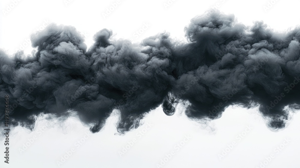Poster Dense black smoke billowing dramatically against a stark white background creating a striking visual contrast and atmospheric effect