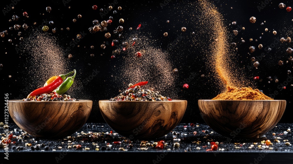 Poster vibrant spices and peppers in wooden bowls creating a dynamic splash motion against a dark backgroun