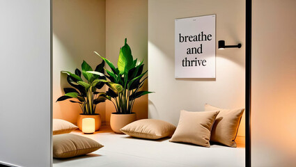 Cozy indoor relaxation space with plants minimalist design soft lighting zen atmosphere