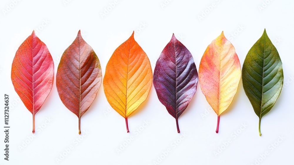 Poster colorful autumn leaves in a gradient of vibrant hues isolated on a white background showcasing seaso