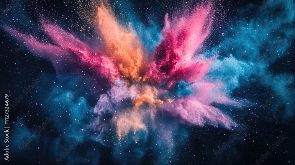 Poster vibrant powder explosion in a dark background creating a colorful cloud of paint dust with dramatic 