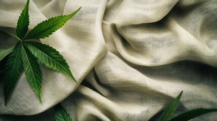 Hemp fiber textile fabric with green hemp leaves showcasing natural cloth production and sustainable fashion concepts