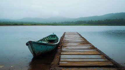 Obraz premium Fisherman boat moored at jetty on a misty monsoon day with serene waters and distant hills in the background