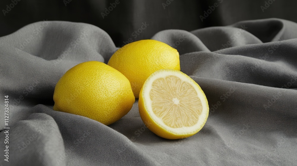 Poster fresh lemons arranged on soft gray fabric showcasing vibrant yellow color and texture in a minimalis