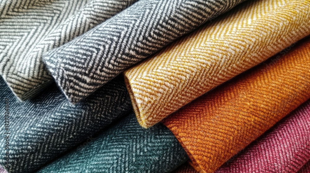 Poster herringbone upholstery fabric textures in various colors and patterns arranged elegantly for design 