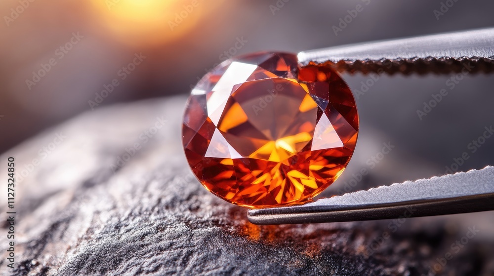 Poster close-up of a gemstone held by tweezers on a textured surface with a blurred background emphasizing 