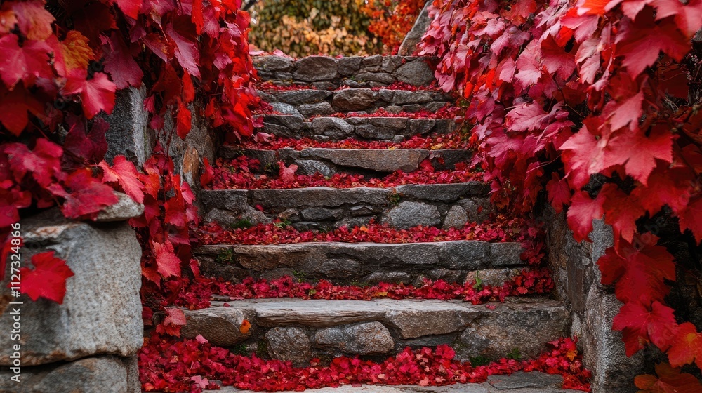 Poster Autumn staircase adorned with vibrant red maiden grape leaves creating a picturesque scene in a tranquil park setting