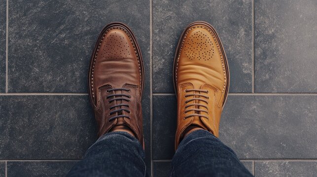 Work Life Balance Concept. Low Section of a Man Standing with Half of Working Shoes and Casual Traveling Shoes